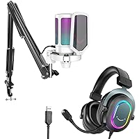 FIFINE Streaming Gaming RGB USB Microphone Headset Bundle, PC Condenser Mic Wired Headset on PS4/PS5, Gamer Kit Plug and Play for Music Recording, Online Game, Discord, Twitch-White (A6TW+H6)