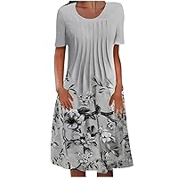 Womens Summer Pleated Front Color Block A-Line Dress Short Sleeve Crew Neck Casual Loose Tunic Swing Pockets Dress