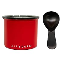 Airscape Stainless Steel Coffee Canister & Scoop Bundle - Food Storage Container - Patented Airtight Lid Pushes Out Excess Air - Preserve Food Freshness (Small, Matte Red & Brushed Black Scoop)