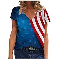 Women's Patriotic Shirts American Flag Print Fourth of July T Shirt V Neck Short Sleeve Summer Tops Trendy Tunics White V Neck Shirt Women Patriotic Shirts for Girls