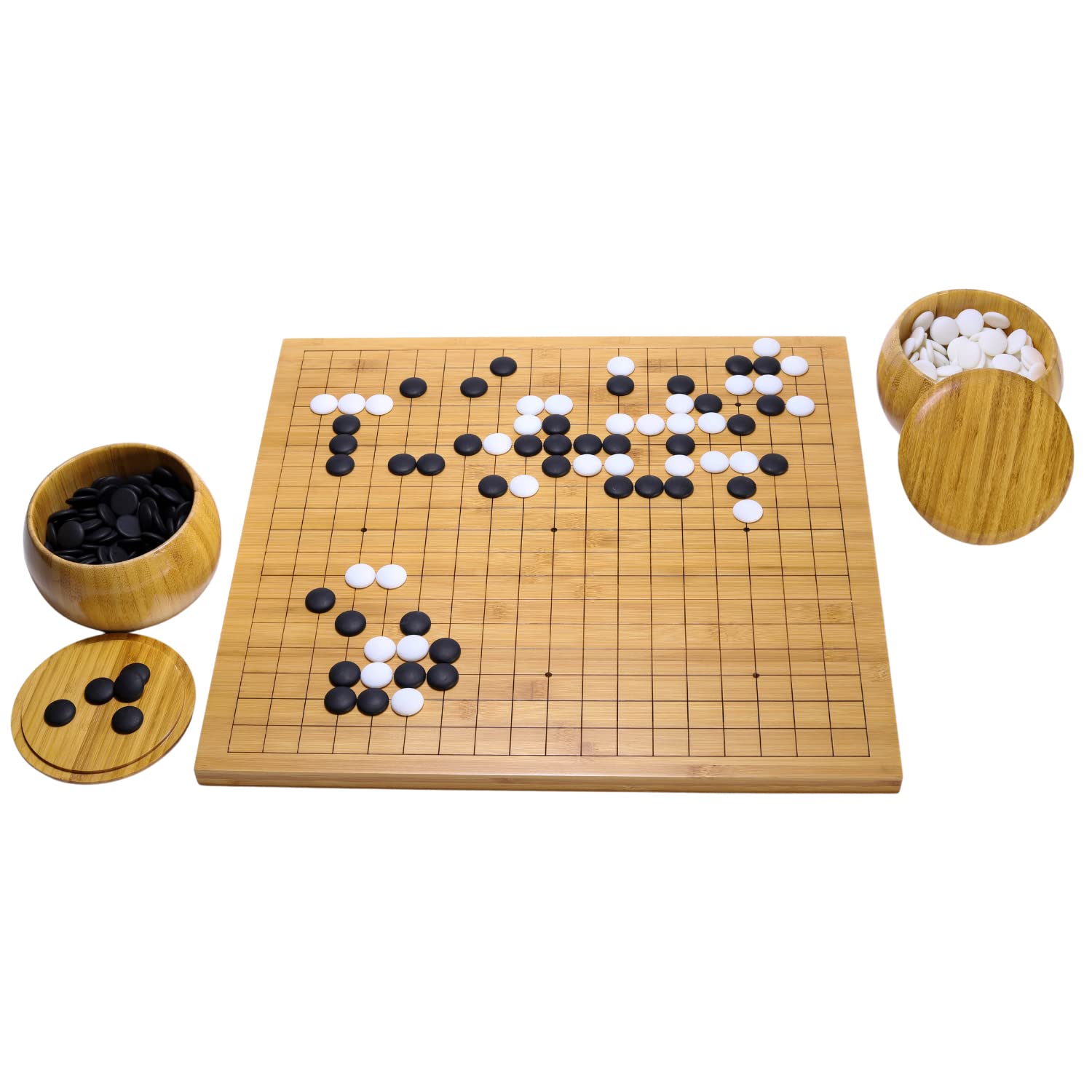 RNK Gaming Go Game Set with Reversible Bamboo 19 x 19/13 x 13 Etched Grid Board, Bamboo Bowls, & Single Convex Melamine Stones