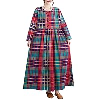 Long Sleeve Dresses for Women Autumn Winter Loose Bohemian Robe Cotton Linen Plaid Casual