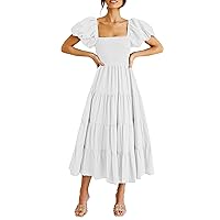 CFLONGE Women's 2024 Summer Casual Boho Beach Dress Square Neck Puff Sleeve High Waist Ruffle Flowy A Line Maxi Sun Dresses
