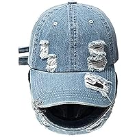 Vintage Distressed Jean Hat, Light Acid Washed Denim, Ripped Baseball Cap, Adjustable Clip for Universal Fit