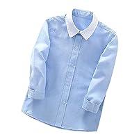Winter Coats For Girl 2023 Trendy 2024 Fashion Toddler Boys Button Blouse Shirt Long Sleeve Solid Color Tops Tees Gentleman's School Uniform T-Shirts Light Blue 160