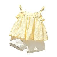 Summer New Yellow Stripe Fluffy Suspender+White Shorts Girls' Fashion Two Piece Set Pocket Swing Dress