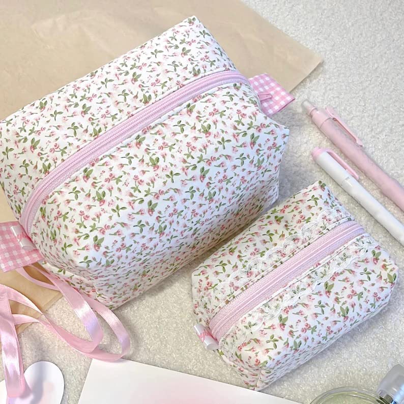 Cotton Floral Makeup Bag Aesthetic with Eco Friendly and Organic Quilting-Travel Skincare Pouch Bag (Baby Pink)