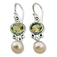 NOVICA Handmade Cultured Freshwater Pearl Citrine Earrings .925 Sterling Silver Jewelry White Yellow Dangle India Birthstone [1.5 in L x 0.3 in W x 0.1 in D] 'Golden Light'