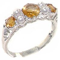 925 Sterling Silver Natural Citrine and Cultured Pearl Womens Band Ring - Sizes 4 to 12 Available
