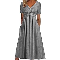 Women Fashion Solid Short Sleeve Casual Loose Long Dress with Pockets Plus Size Dressing for Women (8-Grey, XXL)
