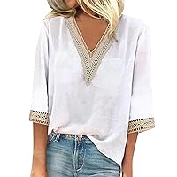 V Neck T-Shirts for Women Fashion Lace Trim 3/4 Sleeve Tshirts Floral Tunic Summer Loose Fit Casual Tops Tees