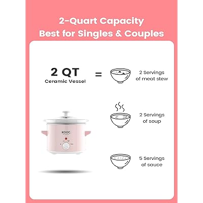 KOOC Small Slow Cooker, 2-Quart, Free Liners Included for Easy Clean-up,  Upgraded Ceramic Pot, Adjustable Temp, Nutrient Loss Reduction, Stainless  Steel, Pink, Round