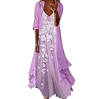 XJYIOEWT Womens Dresses 2024 Dressy, Women Casual Print Dress V Neck Sleeveless Dress Half Sleeve Chiffon Shawl Cardiga