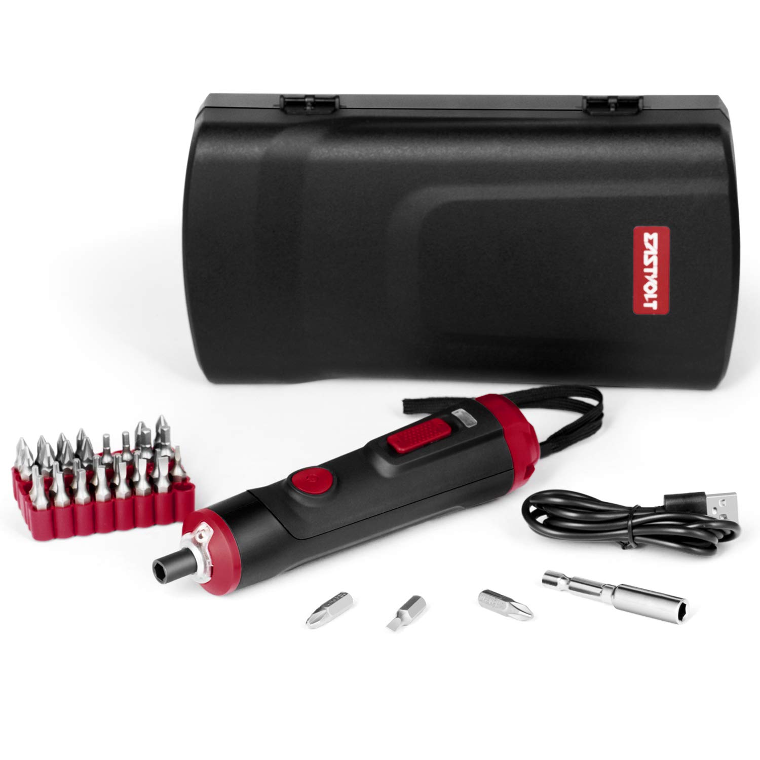 Eastvolt 4V Cordless Mini Electric Screwdriver, 1500mAh USB Rechargable Battery, 32 Pieces 1/4 in HEX Screwdriver Bits, 1 Piece Extension Holder and Storage Toolbox
