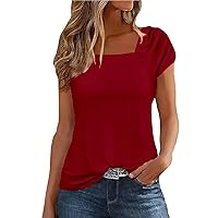 Womens Tops Summer Trendy Ruched Tops for Women 2024 Solid Color Simple Versatile Loose Fit Casual with Short Sleeve Square Neck Shirts Wine X-Large