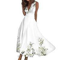 Womens Summer Casual Long Dress Sleeveless V-Neck Waist Retraction Printed Maxi Dress