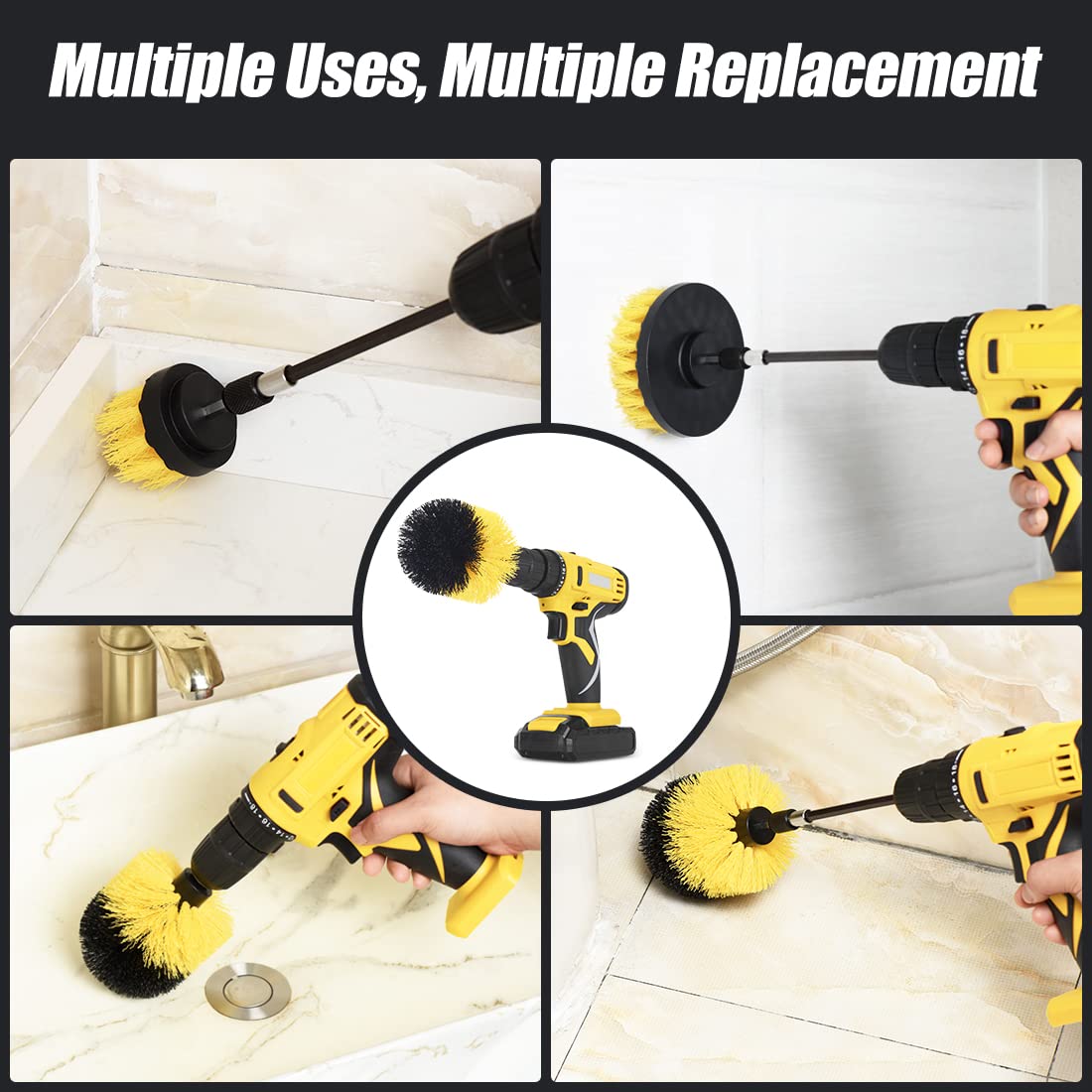 Shieldpro Drill Brush Attachment Set,Power Cleaning Scrub Brush,All Purpose Drill Brushes with Extend Long Attachment for Bathroom and Kitchen Surface,Grout,Tub,Shower,Tile,Corners, Automotive-Yellow