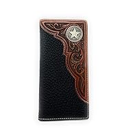 Western Premium Genuine Leather Tooled Men's Long Bifold Wallet premium cowboy wallets in 2 colors (Black Star)