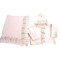 Knitted Pink Cotton Girls Cardigan Hat Set and Matching Blanket(12-18mo)
