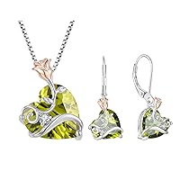 Rose Flower Birthstone Heart Necklaces Earrings Jewelry Set for Women, 925 Sterling Silver 5A Cubic Zirconia Pendant Jewelry Gifts, Anniversary Birthday for Wife Mom Her