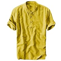 Men's Linen Henley Shirts Short Sleeve Casual Cotton Banded Collar Shirt Summer Regular-Fit Lightweight Vacation Beach Shirts