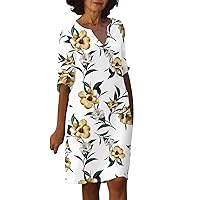 Vintage Dress for Women 2024 V Neck Tunic Dress Half Sleeve T Shirt Printed Knee Length Casual Sundress for Ladies