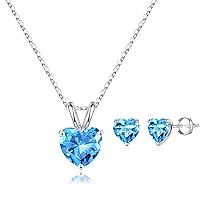 SMILIST S925 Sterling Silver Aquamarine Heart Birthstone Pendant Earrings Set for Women Girls, Valentines Christmas Thanksgiving Birthday Jewelry Gifts