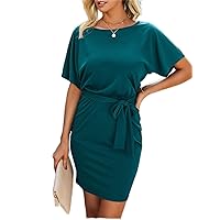 Women's Dress Solid Batwing Sleeve Belted Fitted Dress Dress for Women IVIYE