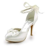 JIAJIA 3703A Women's Bridal Shoes Closed Toe High Heels Satin Platform Pumps Pearls Wedding Shoes
