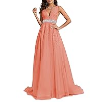 V Neck Lace Applique Tulle Long Prom Dresses for Women 2024 Formal Ball Gowns Backless Wedding Dresses with Beaded Belt