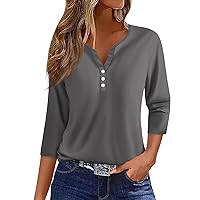 Womens 3/4 Sleeve T-Shirts V Neck Buttons Tops Basic Tee Solid Color Blouse Loose Fit Pullover Summer Shirts
