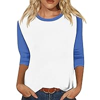Womens 3/4 Length Sleeve Tops Casual 3/4 Sleeve T Shirts for Women 2024 Color Block Casual Loose Fit Raglan Shirts Round Neck Summer Baseball Blouses Blue Large