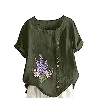 Women Summer Linen Cotton Tshirt Tops Casual Loose Fit Trendy Flower Tunic Tee Short Sleeve Plus Size Button Up Blouses