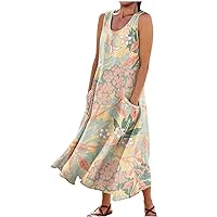 Sun Dresses Plus Size Women Sleeveless Maxi Spring Sundress Women Nice Business Loose Fitting Ruched Thin Stretch Floral Tunic Woman Pink X-Large