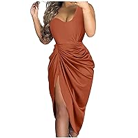 Women's Solid Color Sexy Beaded One Shoulder Neck Split Midi Dress,Cocktail Dresses for Women