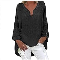 SNKSDGM Blouses for Women, Women Plus Size Long Sleeve Cotton and Linen Tops Solid Printed V-Neck High Low Loose Long Tunic