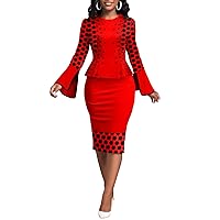 Women's Vintage Bodycon Dress Long Bell Sleeve Peplum Business Formal Work Pencil Dresses(Red,XL)