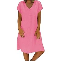 Womens Cotton Linen Loose Casual Dress V Neck Short Sleeve Tshirt Dresses Summer Comfy Beach Dress Plain Tunic Dresses