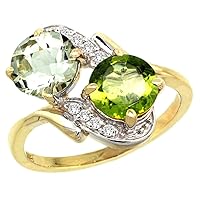 10K Yellow Gold Diamond Natural Green Amethyst & Peridot Mother's Ring Round 7mm, 3/4 inch wide, sizes 5 - 10