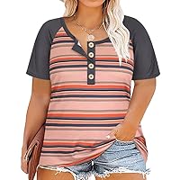 RITERA Plus Size Tops for Women Summer Henley Shirt Short Sleeve Tshirt Button Casual Tunic Tee Basic Loose Blouses Stripe 4XL