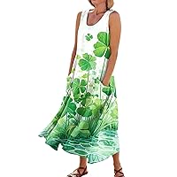 Womens St. Patrick's Day Dresses,Women Casual Sleeveless Summer Dresses 2024 Spring U Neck Midi Dress with Pockets