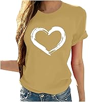 Women's Cute Love Heart Print T Shirt Summer Casual Short Sleeve Tops Crewneck Loose Fit Blouse Valentines Day Shirt