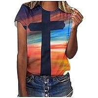 Short Sleeve T Shirts Women Retro Cross Printed Graphic Tees Round Neck Loose T-Shirt Casual Dressy Blouses Tunics