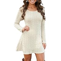 EFOFEI Womens Solid Color Cable Knitted Sweater Dress Crew Neck Long Sleeve Pullover Tops