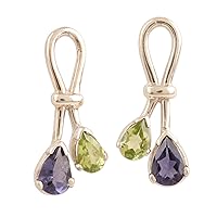 NOVICA Handmade .925 Sterling Silver Iolite Peridot Button Earrings Jewelry Blue Green India Birthstone [1 in L x 0.4 in W x 0.2 in D] 'Promise'