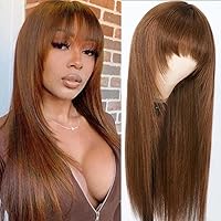 Color Wig #4 Chocolate Brown Straight Human Hair Wigs with Bangs,Affordable Layer Cut Straight Glueless Dark Brown Full Machine Made None Lace Wig With Bangs 150% Density 14inch
