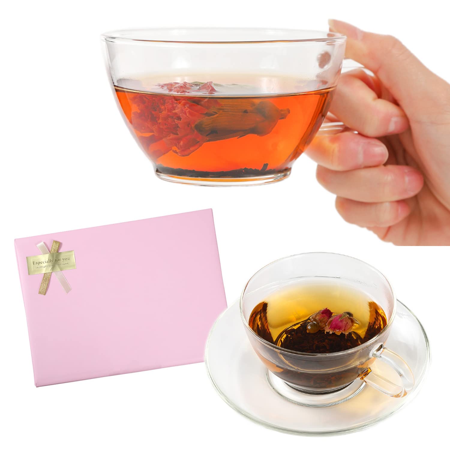 ギフト用 工芸茶 中国茶 母の日 25杯分×3煎 包装紙ピンク HARIO製 耐熱ガラス ティーカップアンドソーサーセット 舞花茶 プーアー