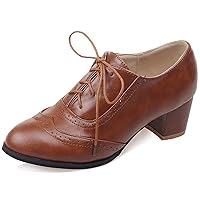 Women Block Heel Oxfords, Mid Heel Pumps Round Toe Lace Up Brogue Shoes Classic, Size 1-14.5