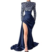 Long Sleeve Round Neck Prom Dresses Glitter Sequins Mermaid Bridesmaid Dresses with Split Formal Evening Ball Gowns