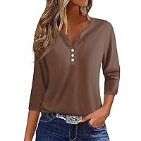 Womens Summer Tops Fashion Henley Neck 3/4 Sleeve Shirts Casual Button Down Three Quarter Length Sleeve Blouses
